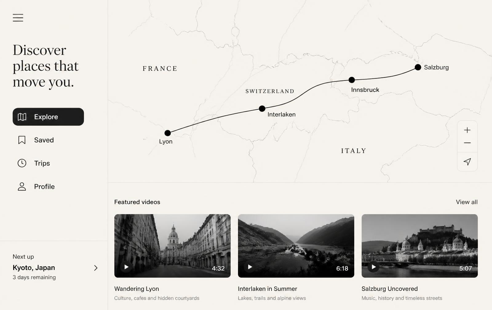 Wayspot travel discovery interface with a route map and featured destination videos